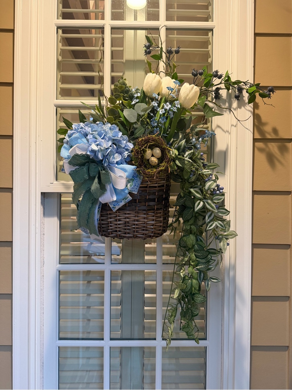 Blue Hydrangea and Greenery Spring Wreath with Nest Accent